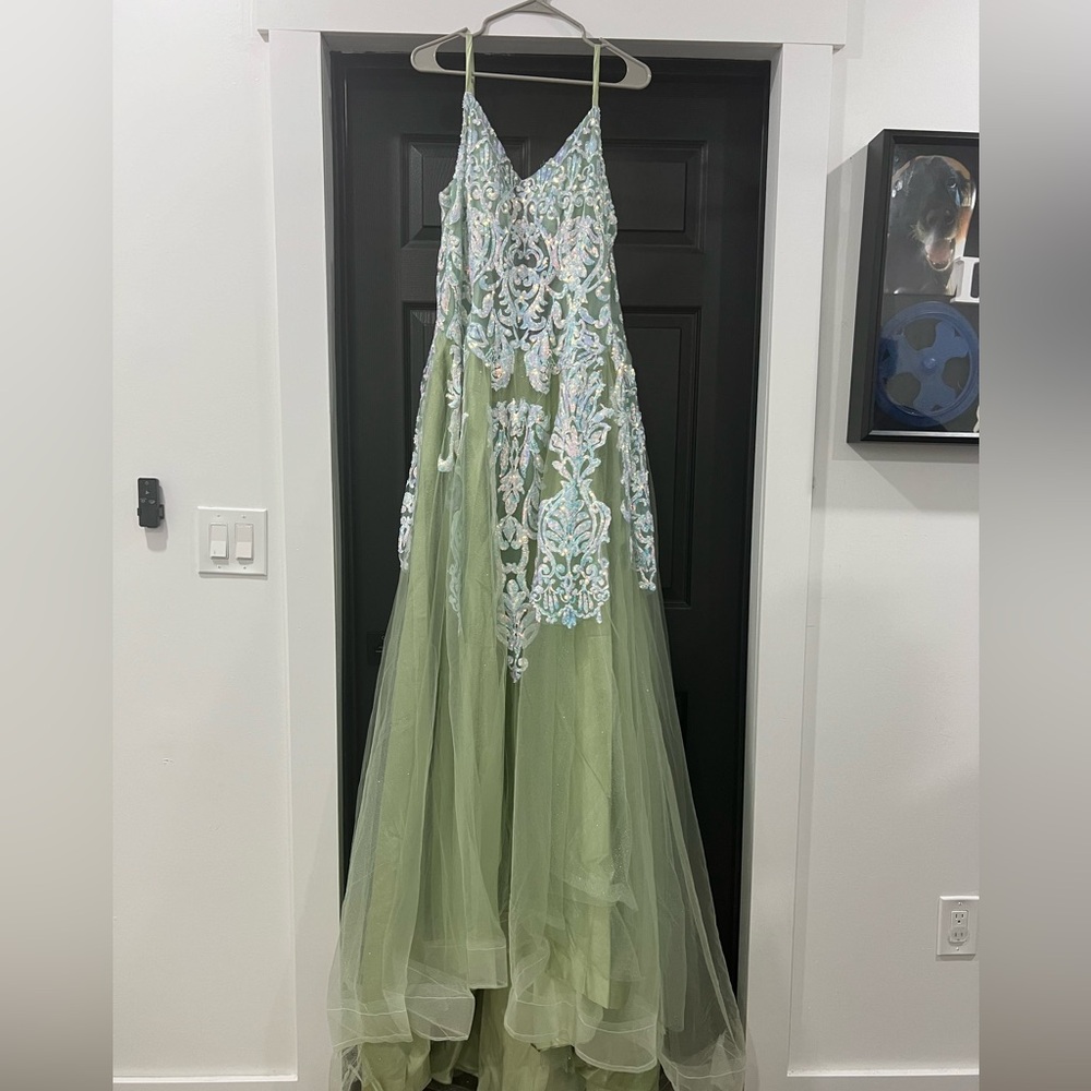 Sage green dress, a bit see through on the top.